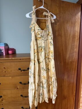 Women's Yellow Floral Maxi Dress with Tie Straps